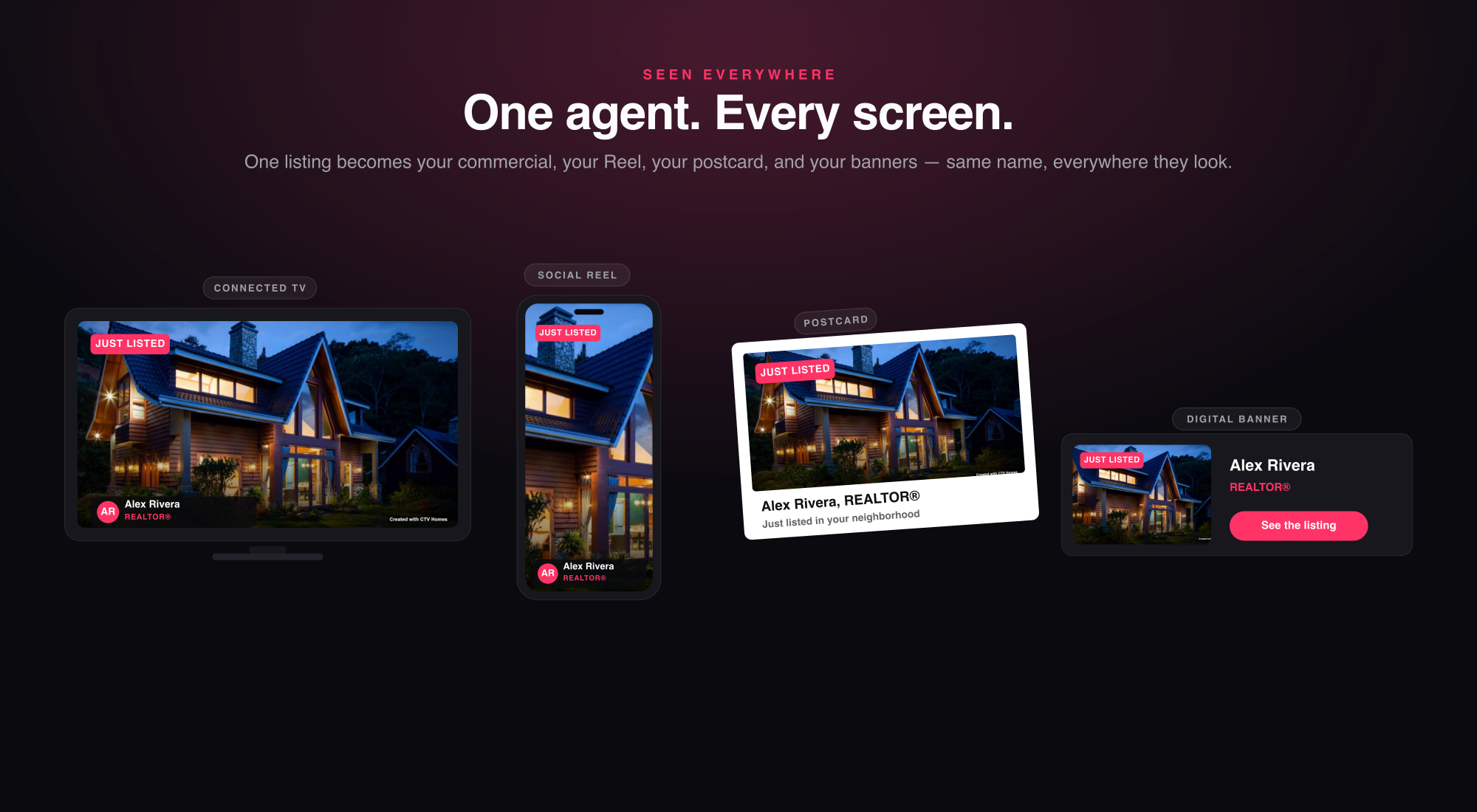 The same agent's listing shown on a connected TV, a phone social Reel, a postcard, and a digital banner
